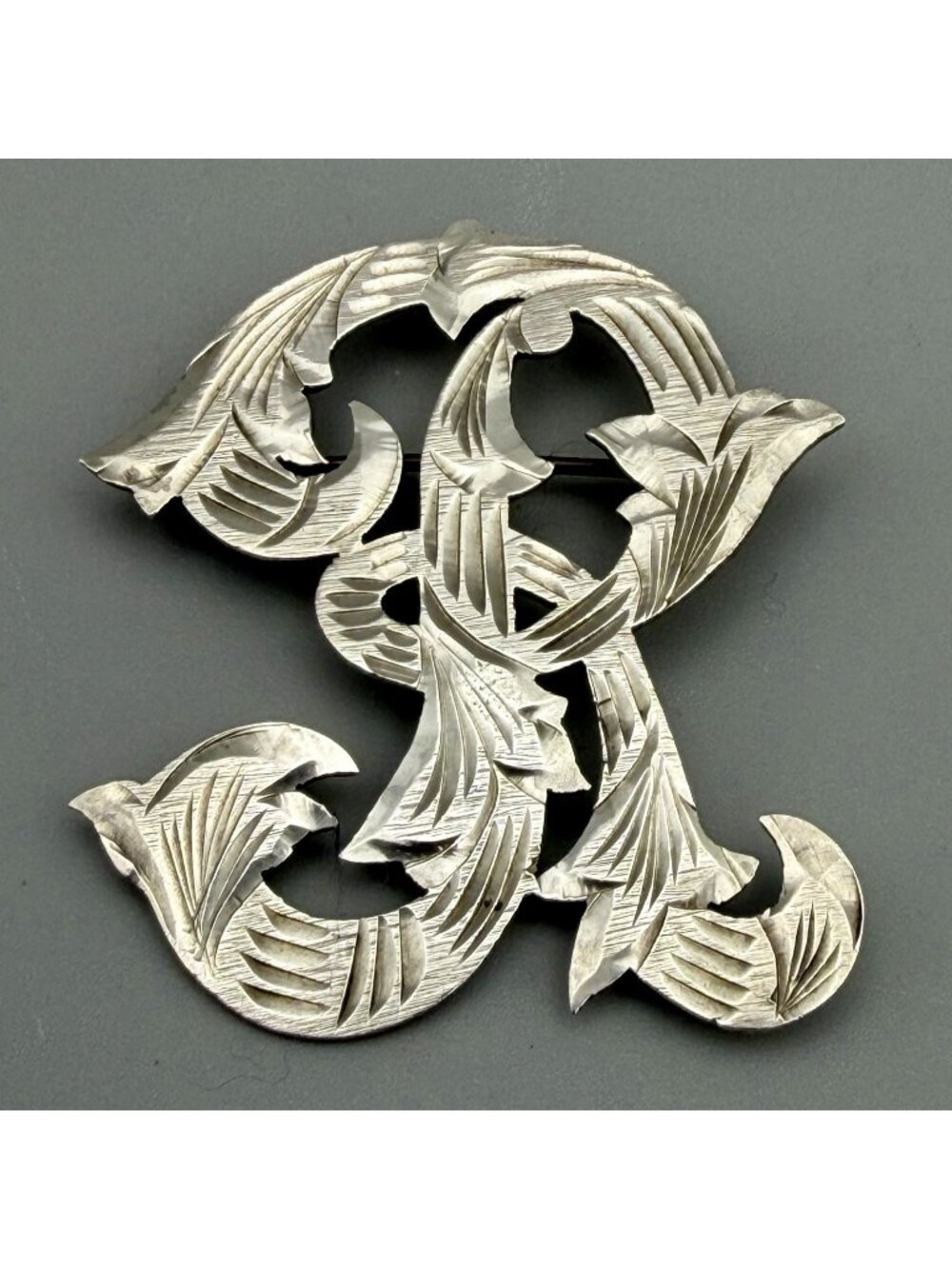 Initial R Letter Brooch Sterling Silver Etched Ornate Scroll Signed ASD Mexico